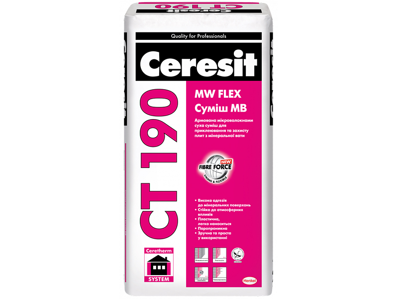 Суміш для кріплення і захисту мінераловатних плит CERESIT CT 190 (зима) 25 кг